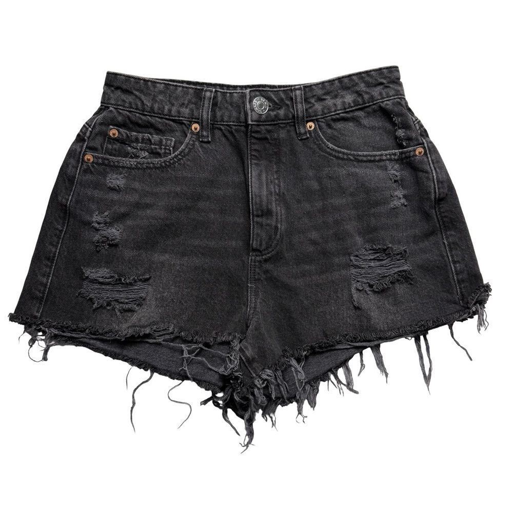 Garage Black Distressed Denim Festival Shorts Raw Hem Y2K Grunge‎ Punk 3 26